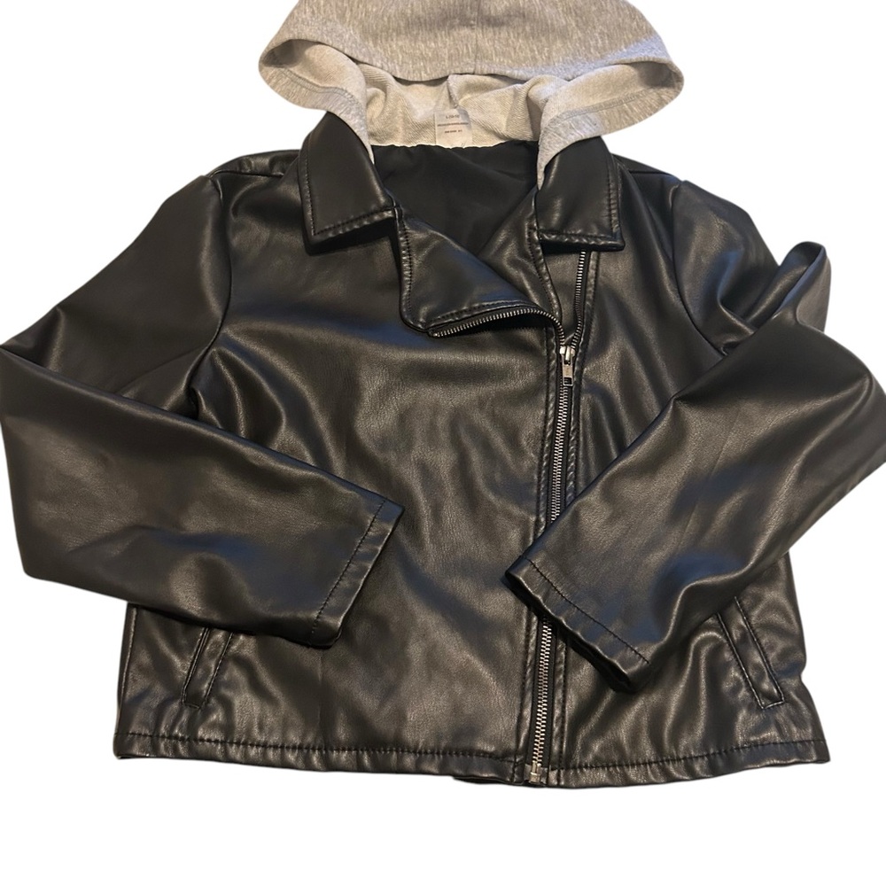 Wonder Nation Kids Faux Leather Moto Biker Jacket Girls L 10/12 Zip Up Hood